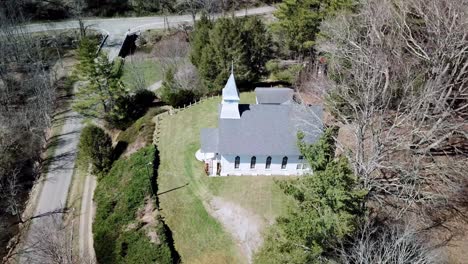 aerial looking down on country church in the nc high country