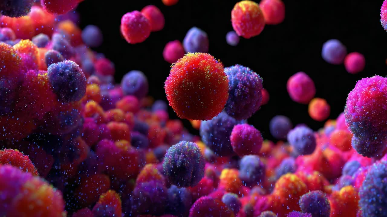 A Vivid Exploration of Abstract Particles in Motion, Featuring a Colorful Array of Spheres, Each Representing Unique Dimensions of Light and Texture in a Dynamic Background