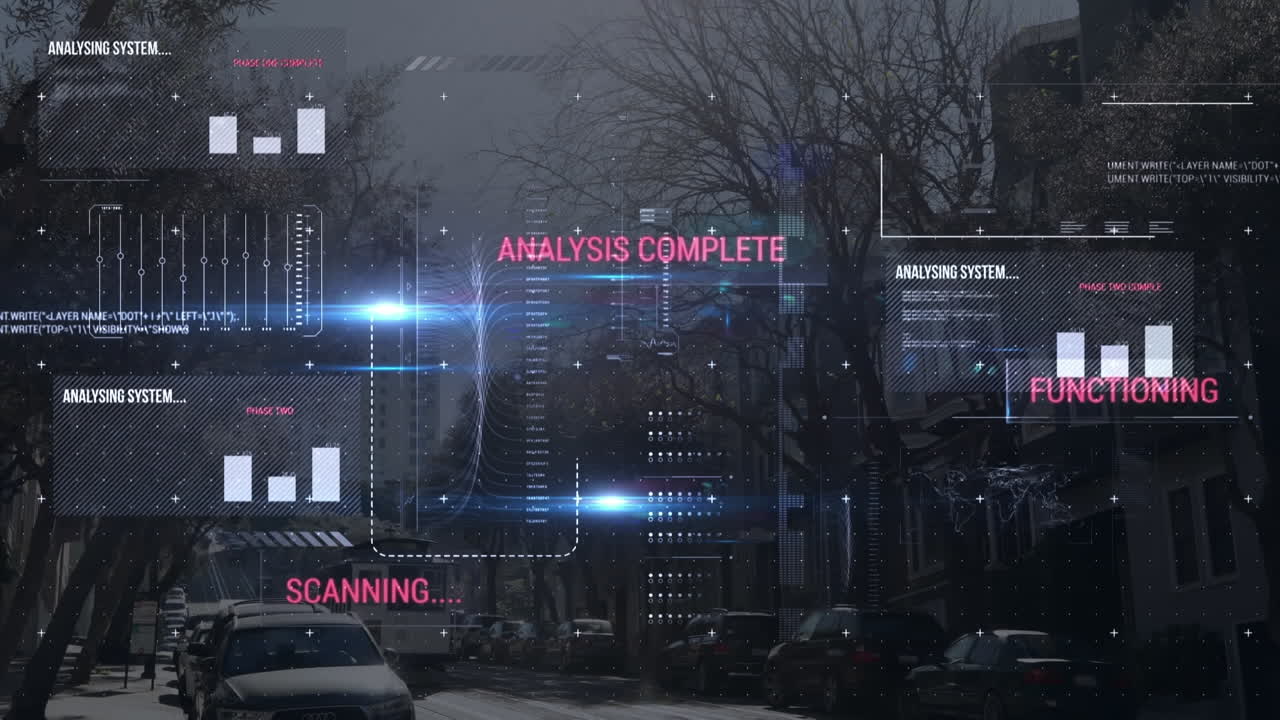 Animation of financial data processing over city street