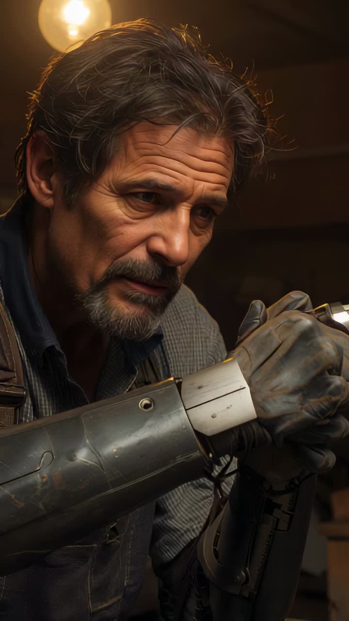 Vertical video: Leaning craftsman in apron inspecting prosthetic forearm at bench, adjusting joint