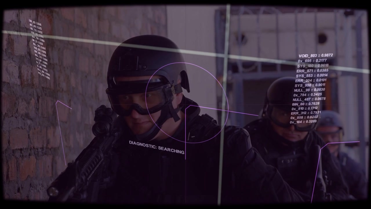 Lead operator shouldering rifle and initiating security sweep beside brick wall, HUD centering
