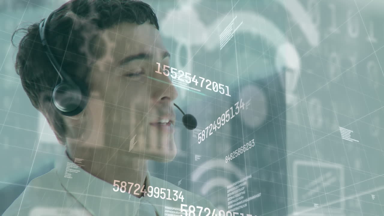 전화 헤드 ⁇ 을 착용 한 사업가 위에 데이터 처리 및 디지털 아이콘의 애니메이션