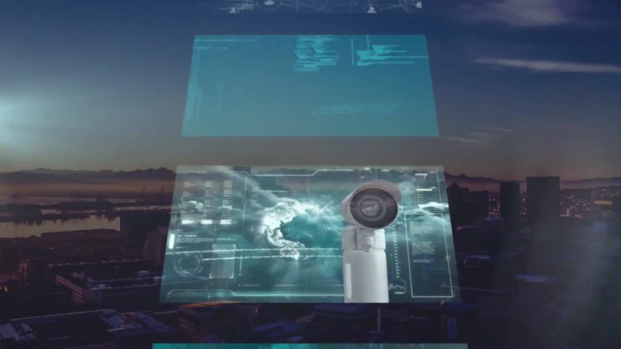 animación de la red de conexiones y procesamiento de datos sobre el paisaje urbano