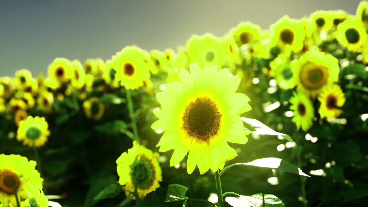 Sunflowers bloom brightly in a vibrant field under sunny weather