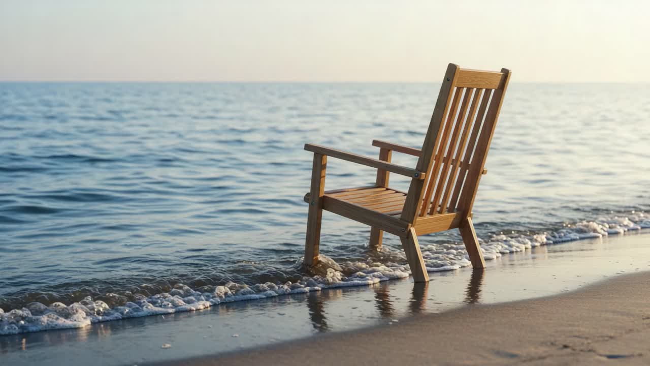 Serene Beach Scene Featuring a Wooden Chair at Water's Edge, Capturing the Calmness of the Ocean Waves and the Tranquil Atmosphere of the Shoreline