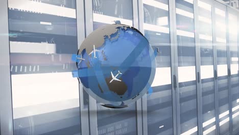 animation of airplane icons moving over spinning globe and light trails against computer server room