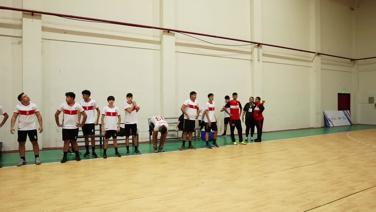 Footage of two men's handball teams standing in line in front of their benches before the match. Team captains and referees are seen conducting the coin toss to decide the starting team.