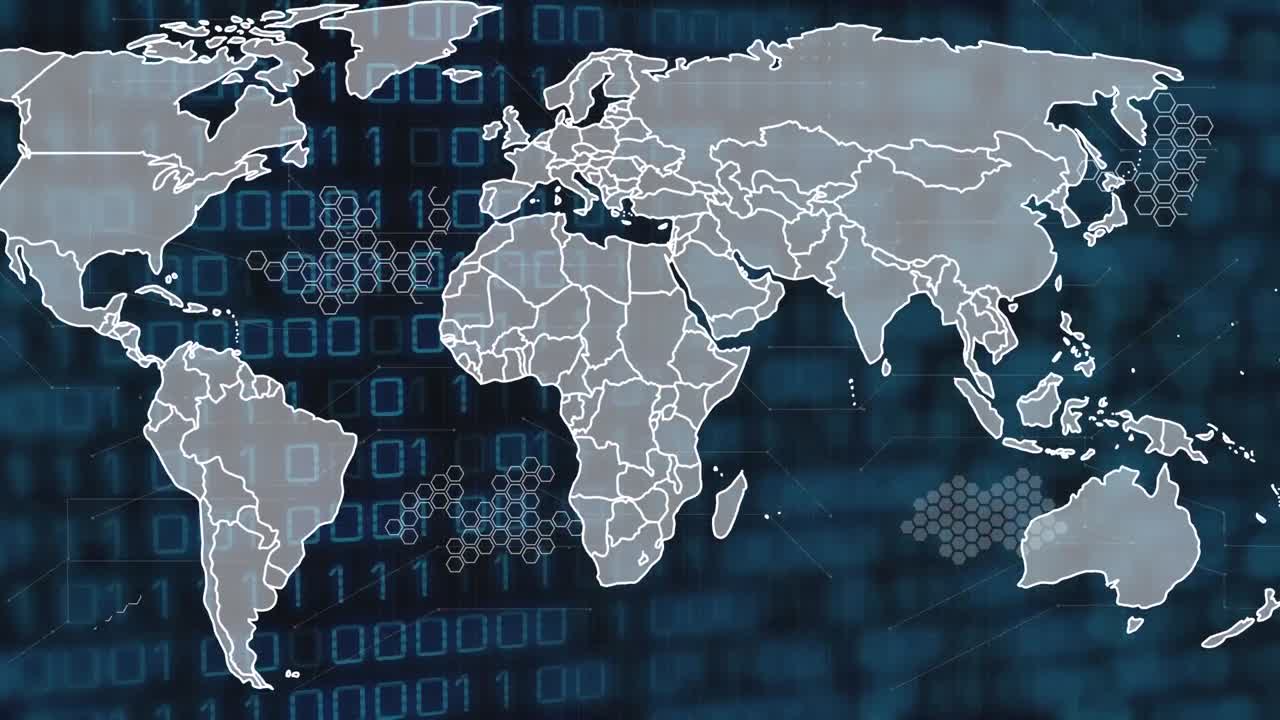Animation of world map over data processing on black background