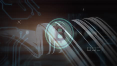 bitcoin logo hologram floating over dark data network, highlighting metallic cables and binary code