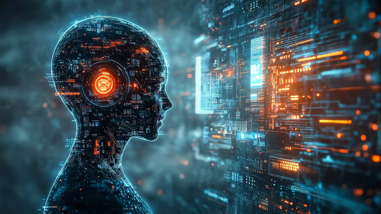 Tech in digital human interface. A futuristic human head silhouette made of circuits interacts with a data-filled digital environment