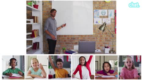 Animation-of-video-call-screens-of-chalkboard-and-diverse-teacher-and-children-having-online-lesson