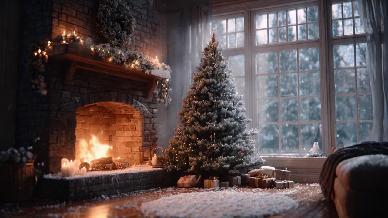 Cozy Winter Scene Featuring a Beautifully Decorated Christmas Tree, a Warm Fireplace, and Falling Snow Outside, Creating a Perfect Holiday Ambiance and Atmosphere