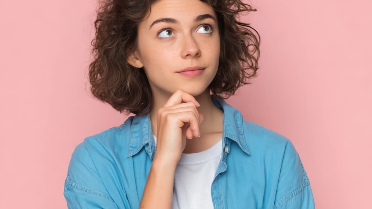 Contemplative Moments: A Young Woman Reflecting with Curiosity Against a Soft Pink Background, Expressing Thoughtfulness and Imagination