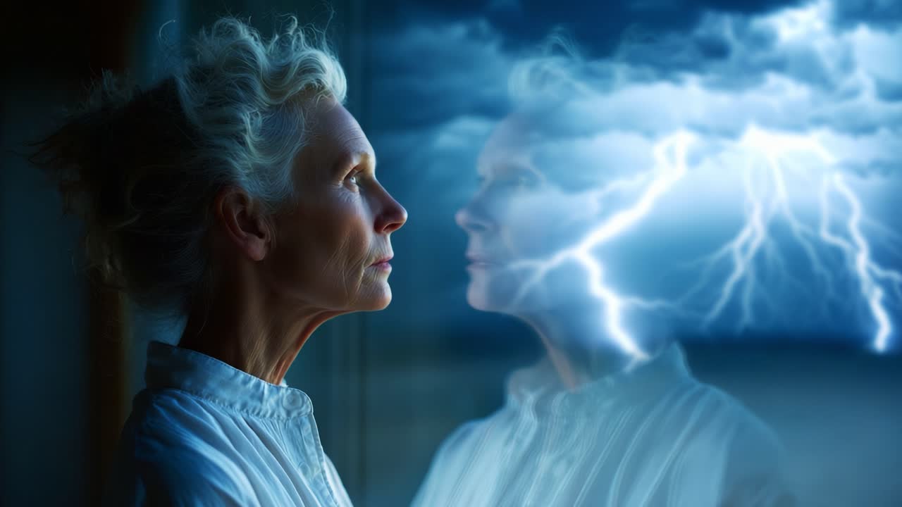 A Moment of Reflection: An Elderly Woman Gazes Out at a Stormy Sky, Capturing the Intense Emotion and Energy of Nature's Fury through the Reflection in the Window