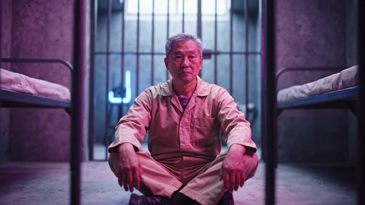 A solitary figure sits calmly on the floor of a dimly lit cell, surrounded by metal bars and empty beds, reflecting deep introspection and resilience in confinement.
