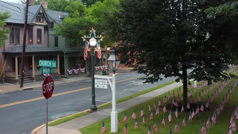 american flags on lawn in american town honoring veterans and those who served