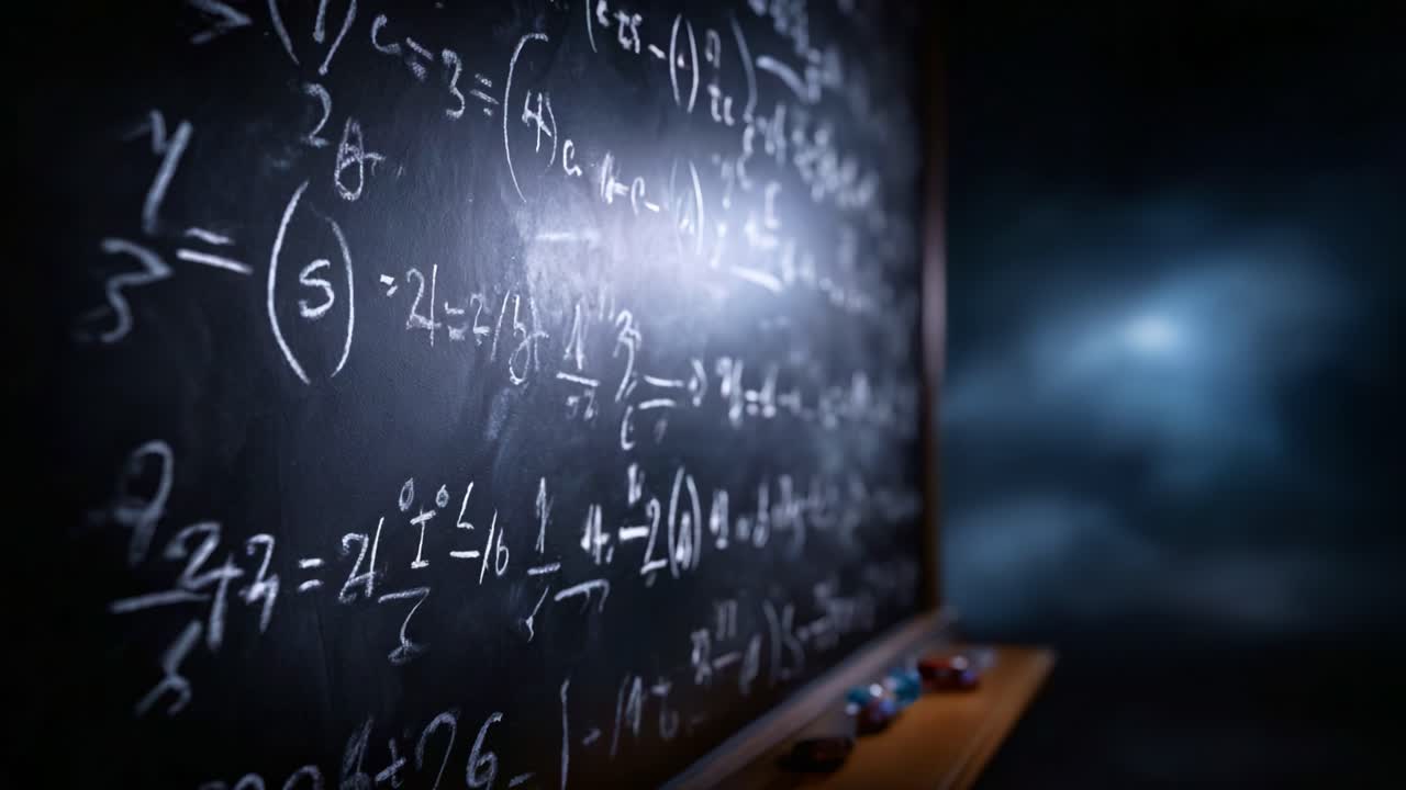 A close-up view of a chalkboard filled with mathematical equations and formulas, showcasing complex problem-solving and academic concepts in a dimly lit environment