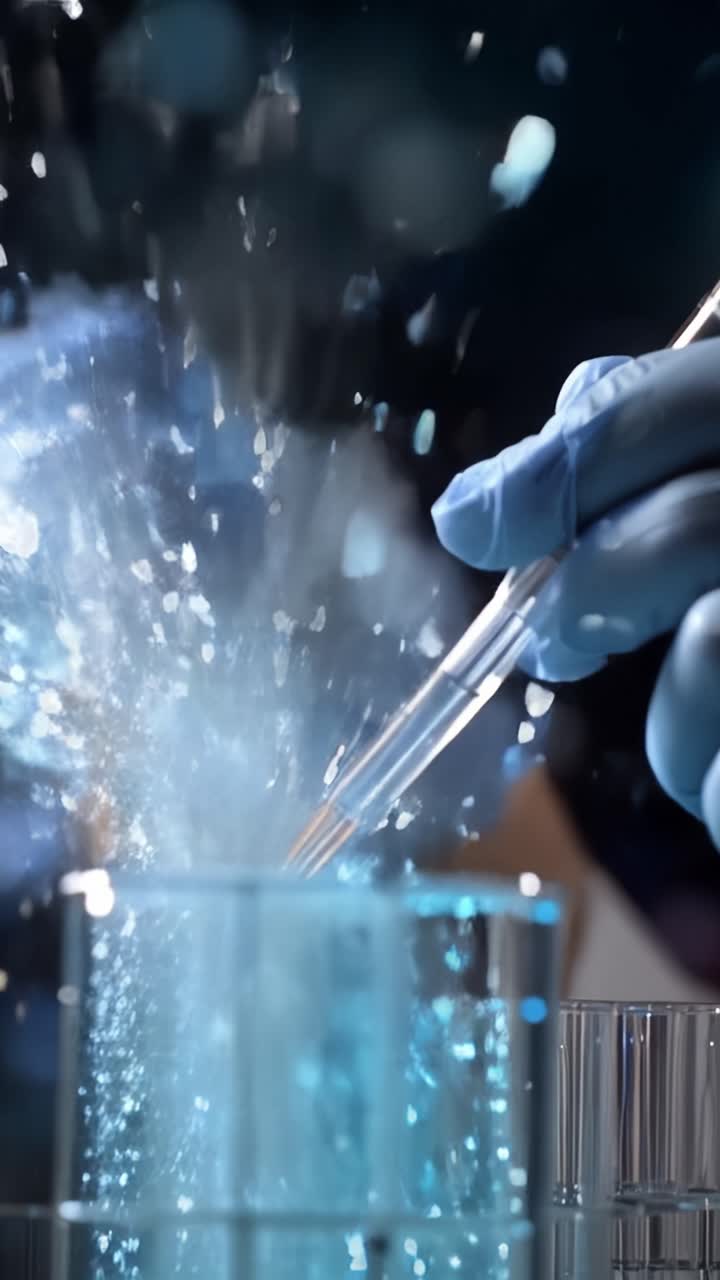 Mani guantate eseguono un lavoro di laboratorio di precisione con pipetta e provette, mostrando il trasferimento di liquidi in un ambiente scientifico di esplorazione.