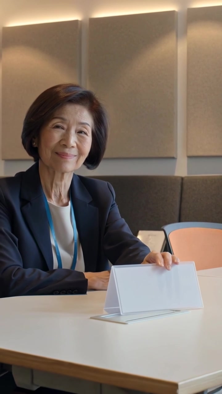 Vertical video: Glancing, woman in navy blazer lifting tent card at table for meeting with lanyard