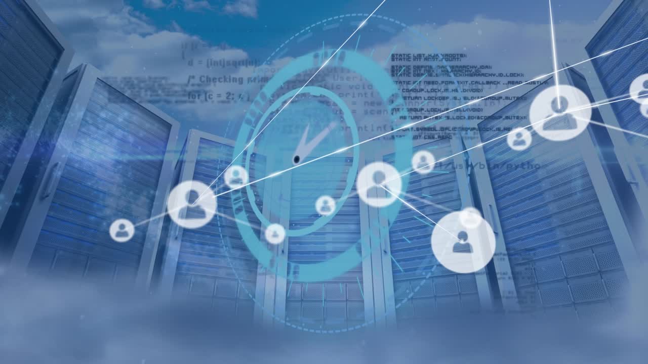 都市の建物に重なる人々のアイコンと、クロック処理を行うスキャナーのネットワークのアニメーション