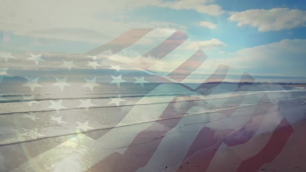 animación de la bandera de los estados unidos ondeando sobre el paisaje marino