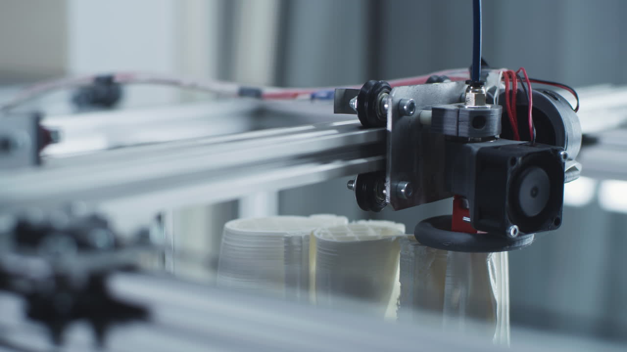 Close-up of a 3D printer in operation, manufacturing plastic objects