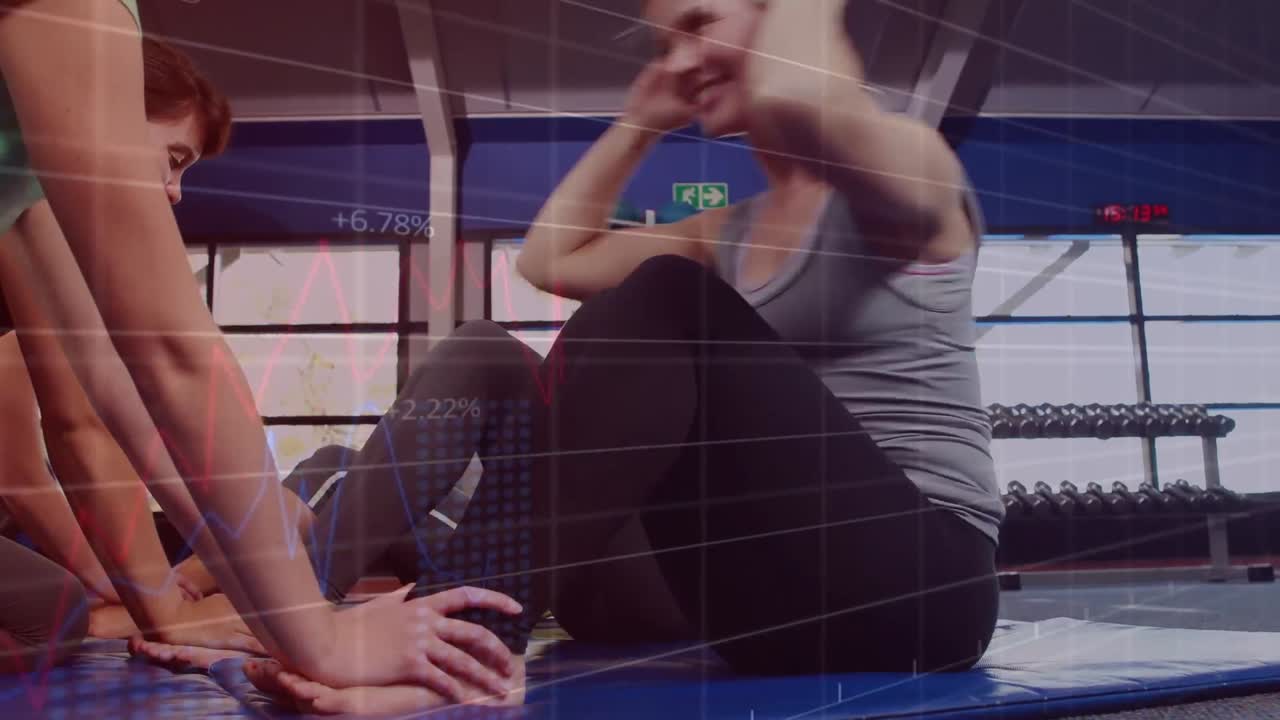 анимация статистики и обработки данных над подходящими разнообразными людьми, делающими трюки