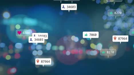 Animation-of-social-media-icons-and-data-processing-over-city-lights