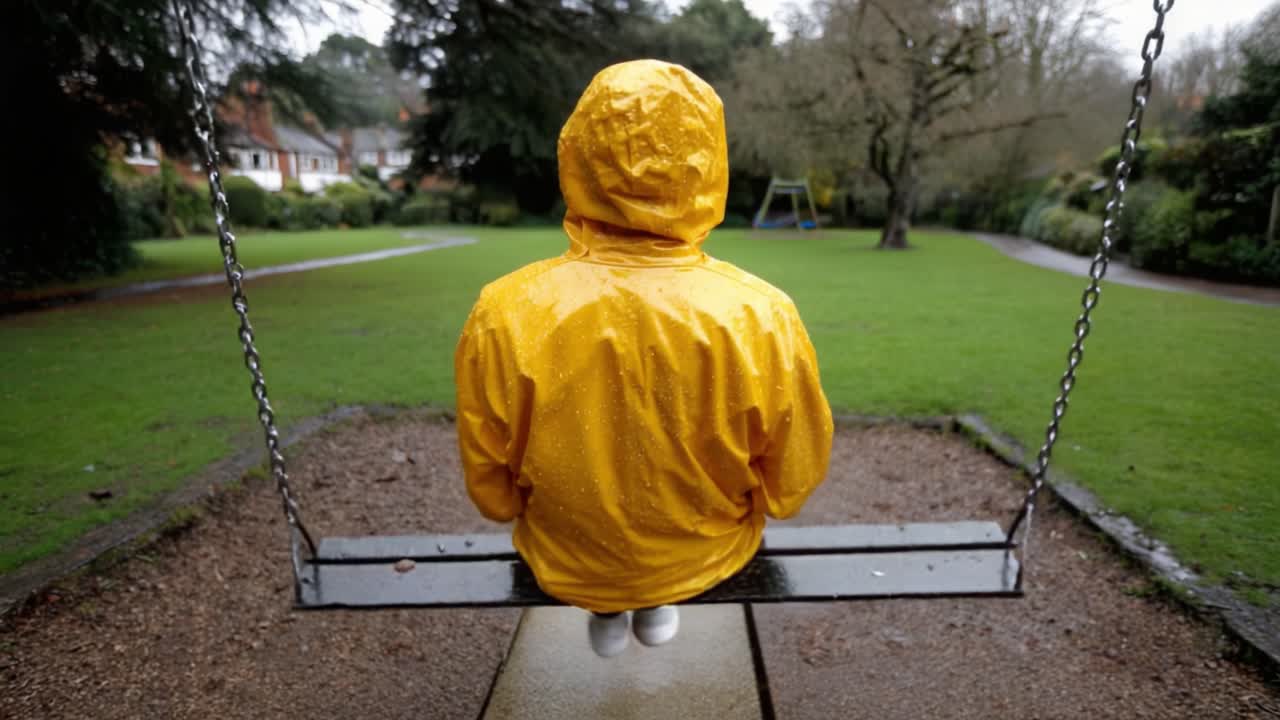 A solitary figure in a vibrant yellow raincoat sits on a swing in a tranquil park, surrounded by lush greenery, creating an atmosphere of thoughtful reflection in rainy weather