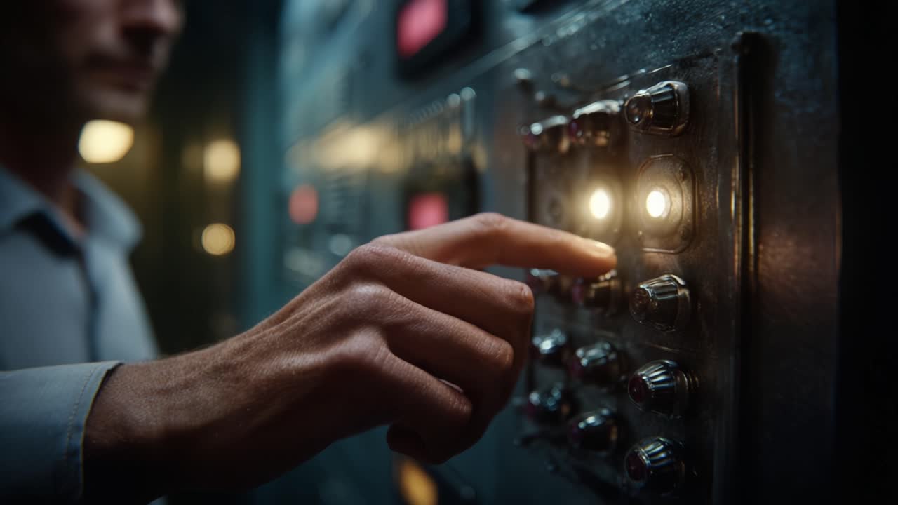 Un primo piano di una mano sui controlli dell'ascensore, che illumina i pulsanti mentre l'utente interagisce con il meccanismo in un ambiente poco illuminato.