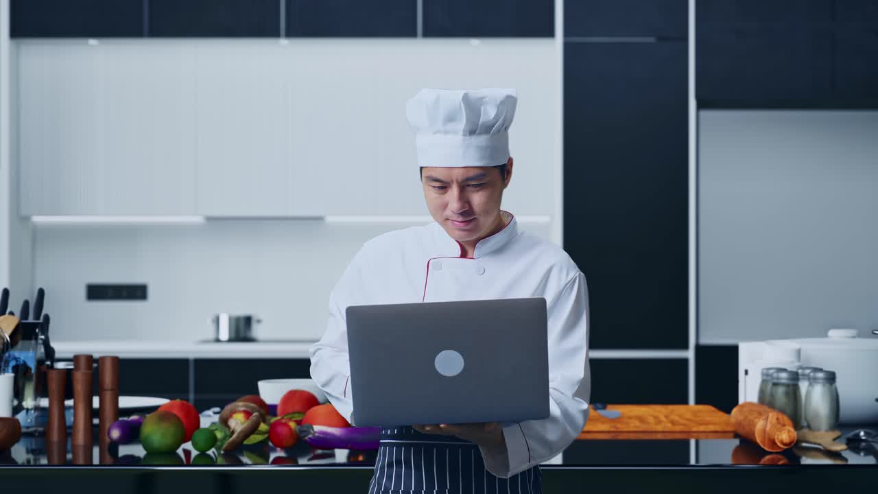 chef asiático sonriendo y usando una computadora portátil mientras está de pie en la cocina de casa