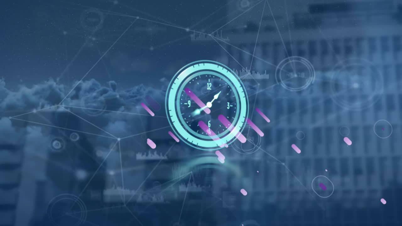 Animazione di un orologio che si muove su forme viola, connessioni e nuvole.