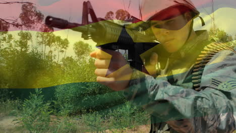 digital composition of waving german flag against soldier training with a gun at training camp