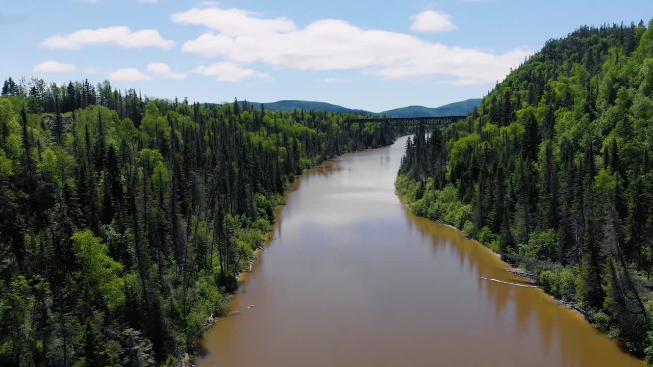 Drone lentää sillan alta ja korkealla joen veden yläpuolella, puiden ja vuorten ympäröimänä.