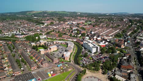 rising aerial gv of east belfast, northern ireland, uk on a bright and sunny day. produced in 4k, 60fps and with rec709 color