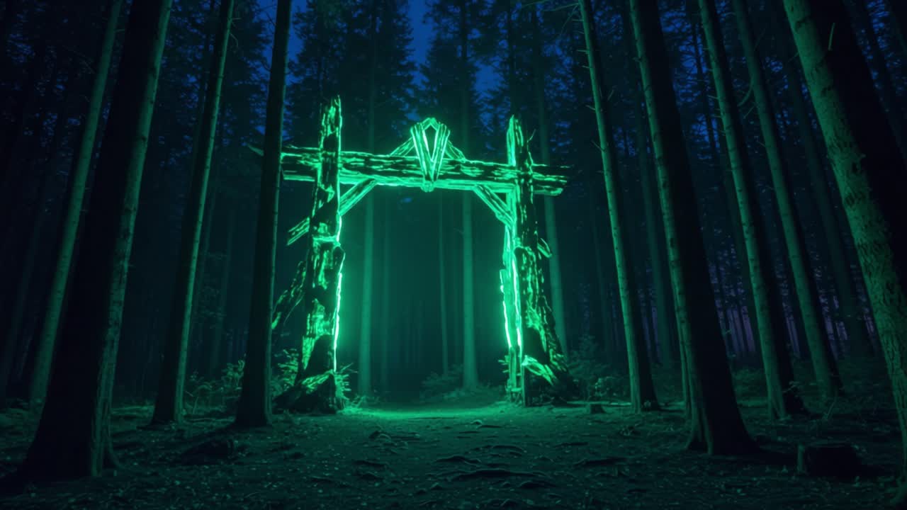 An Enchanted Forest Portal: A Mysterious Green Gateway Amidst Tall Trees Bathed in Night's Embrace