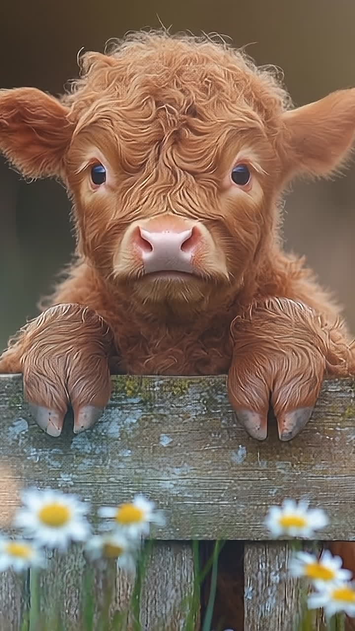 Cute calf gazes over a wooden fence. A young calf with fluffy fur leans over a wooden fence surrounded by blooming daisies in a serene setting.