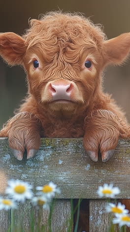 cute calf gazes over a wooden fence. a young calf with fluffy fur leans over a wooden fence surrounded by blooming daisies in a serene setting.