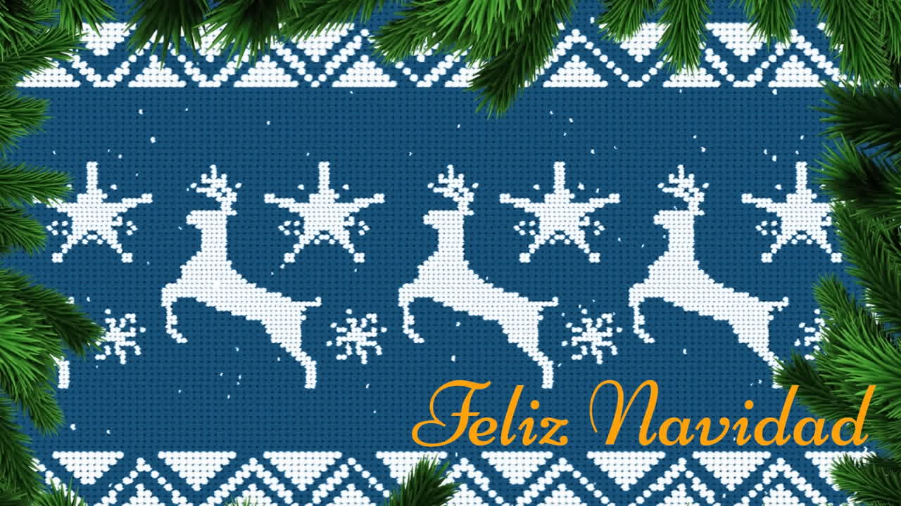 animación de texto de feliz navidad y ramas sobre el patrón tradicional de navidad en movimiento sin fisuras