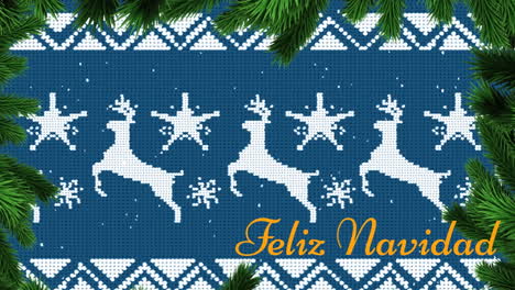 animation of feliz navidad text and branches over traditional christmas pattern in seamless motion