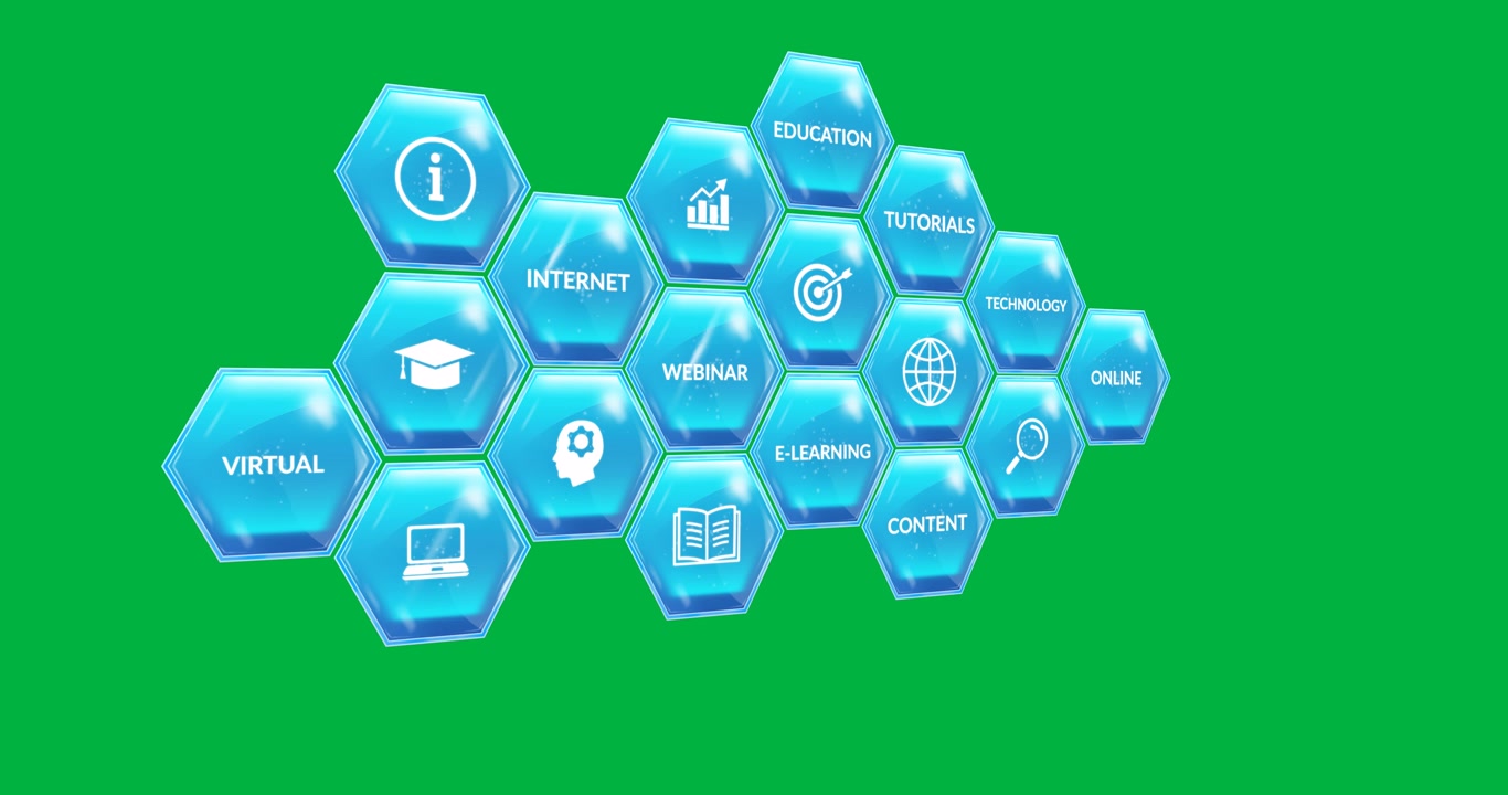 Animation of blue hexagons with texts and icons on transparent background
