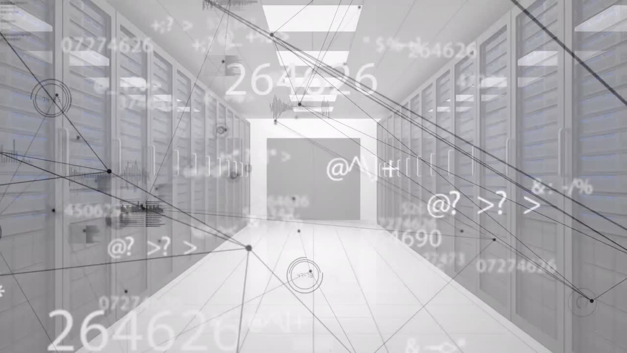 animación de números crecientes y líneas móviles sobre el corredor de la oficina