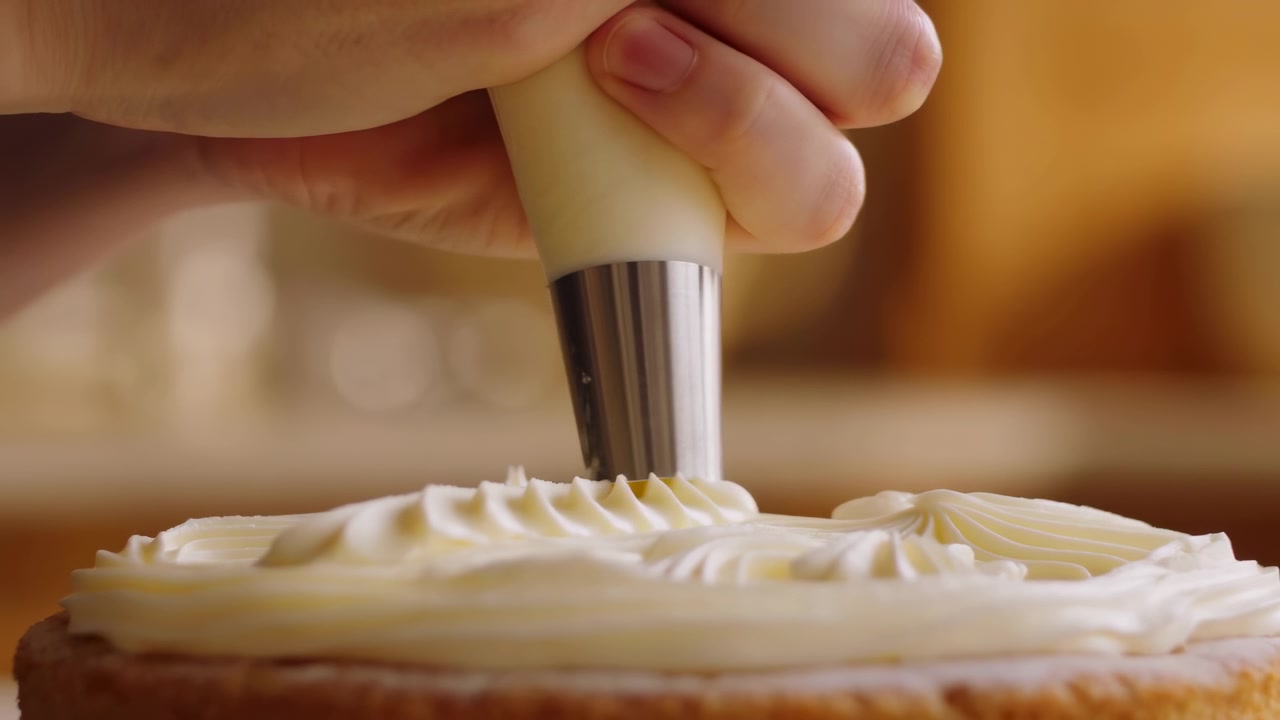 Low-angle kitchen view shows hand gripping pastry bag and pressing metal tip into white buttercream, forming rosettes, ridged swirls, and small peaks on cake surface with soft warm light