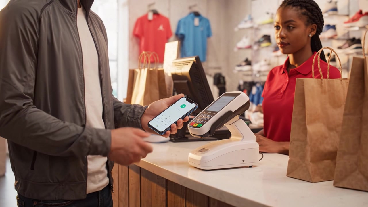 A customer completes a purchase at a retail store, interacting with a cashier while holding bags of items and using a mobile device to finalize the transaction.