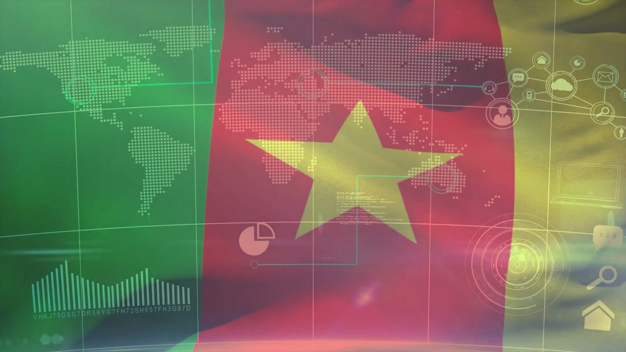 Video dọc: Khung hình mở đầu hiển thị lá cờ ba màu gợn sóng với ngôi sao trong studio, có HUD hiển thị dữ liệu