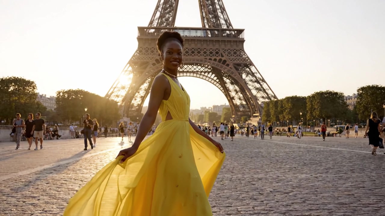 Una silhouette mozzafiato di eleganza: una donna in un abito giallo svolazzante che passeggia liberamente accanto alla struttura iconica di un famoso monumento al tramonto.