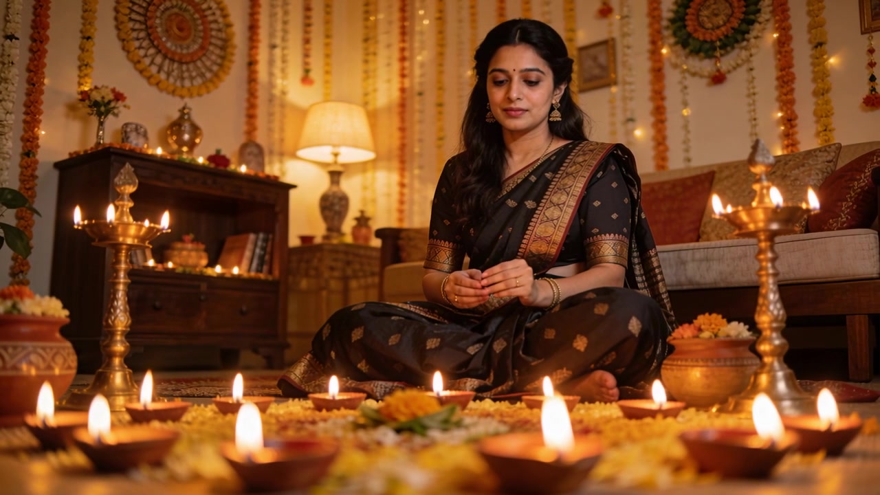 Donna in sari nero che tiene lo stoppino e accende le diya su un rangoli di calendule a casa per un rituale festivo