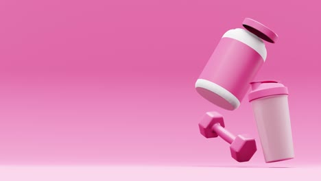 3d barbells with jar of protein powder against pink background