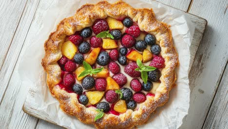 delicious rustic fruit tart with fresh berries and peaches