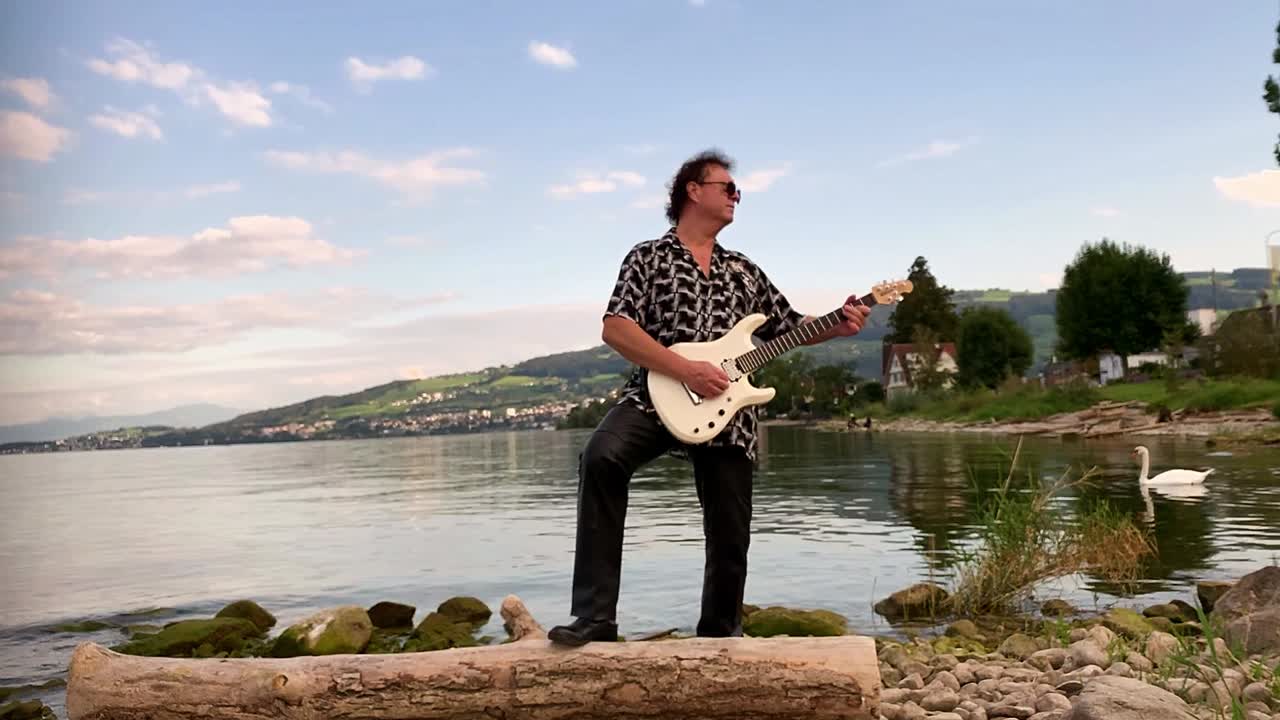 un guitarrista tocando una guitarra en el lago un cisne blanco nada en él